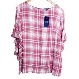 New with Tag Chaps Women's Plaid Pink White Short Flutter Sleeve Ruffle Blouse
